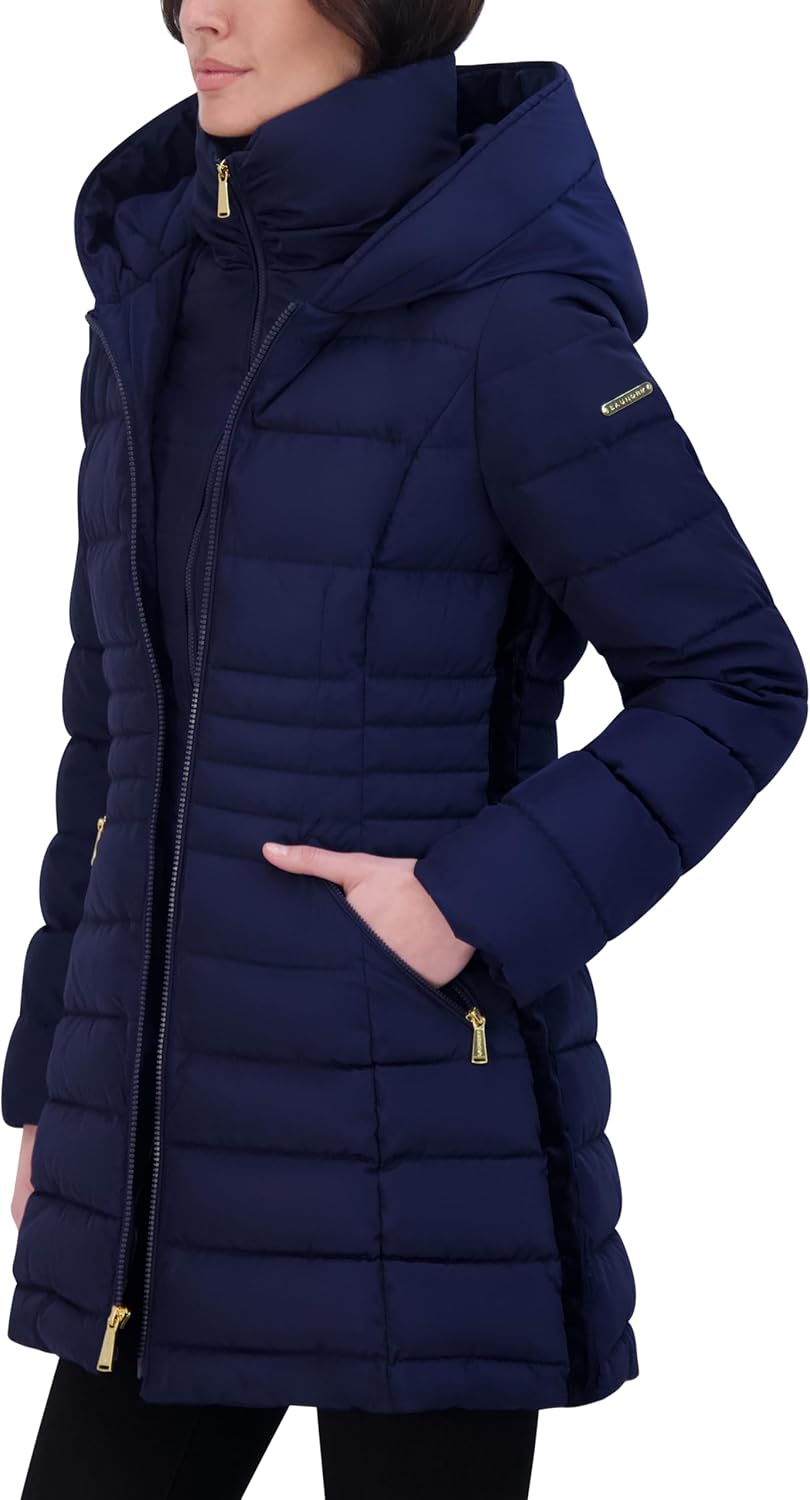 Laundry by Shelli Segal Women's Windbreaker Puffer Coat– Mid-Length Fit & Flare Jacket, Side Velvet Tape, Azure, Large - Image 2