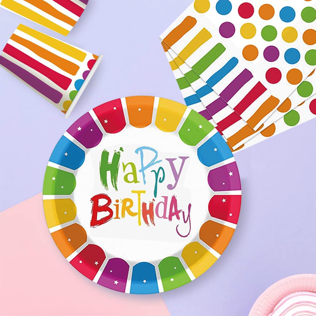 Vaisselle Carton Anniversaire Multicolore Pastel Assiette Arc En Ciel Fille Assiettes Gobelets Carton Serviette Bleu Et Rose - Maison