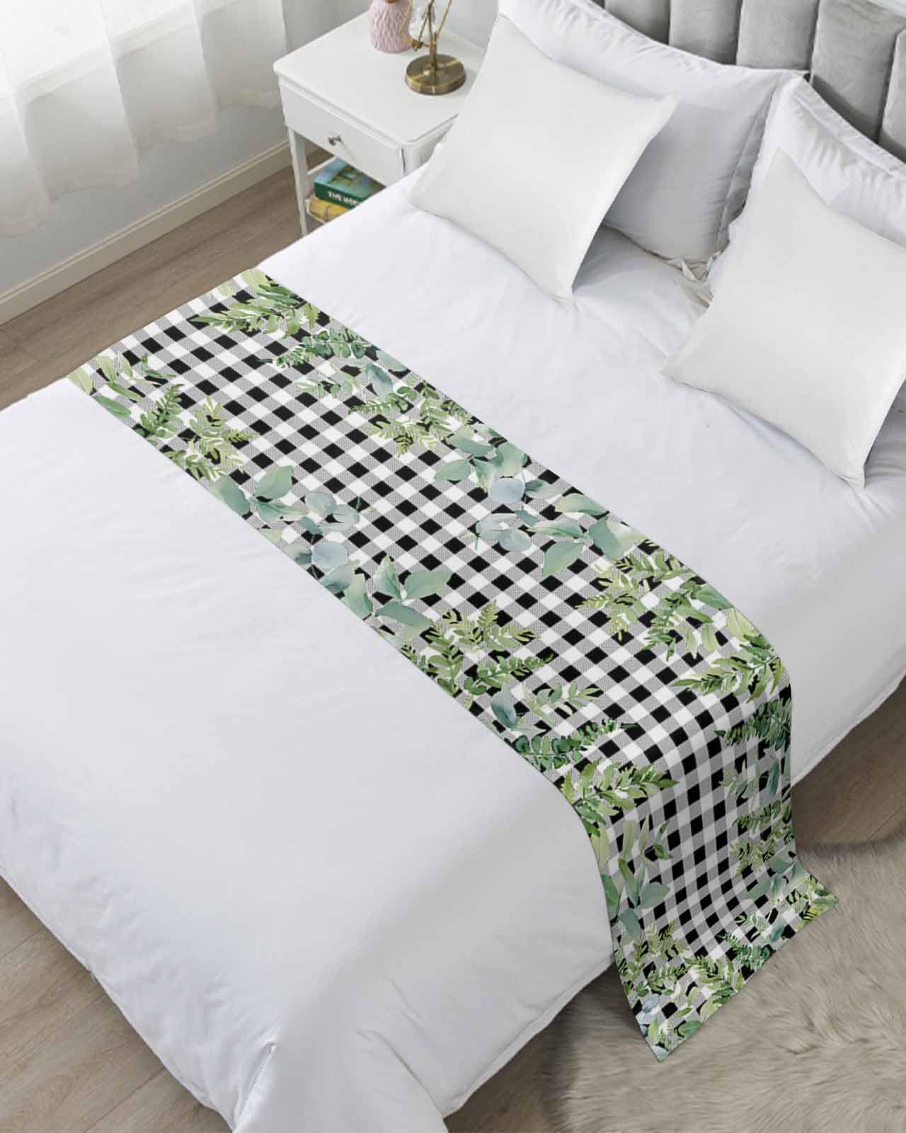 Twin Bed Runner Summer Country Eucalyptus Leaf Bedding Runner Scarves Decorative Bed Scarf, Retro Black White Plaid Soft Bedding Scarf for Bedroom Hotel Wedding 94x20in