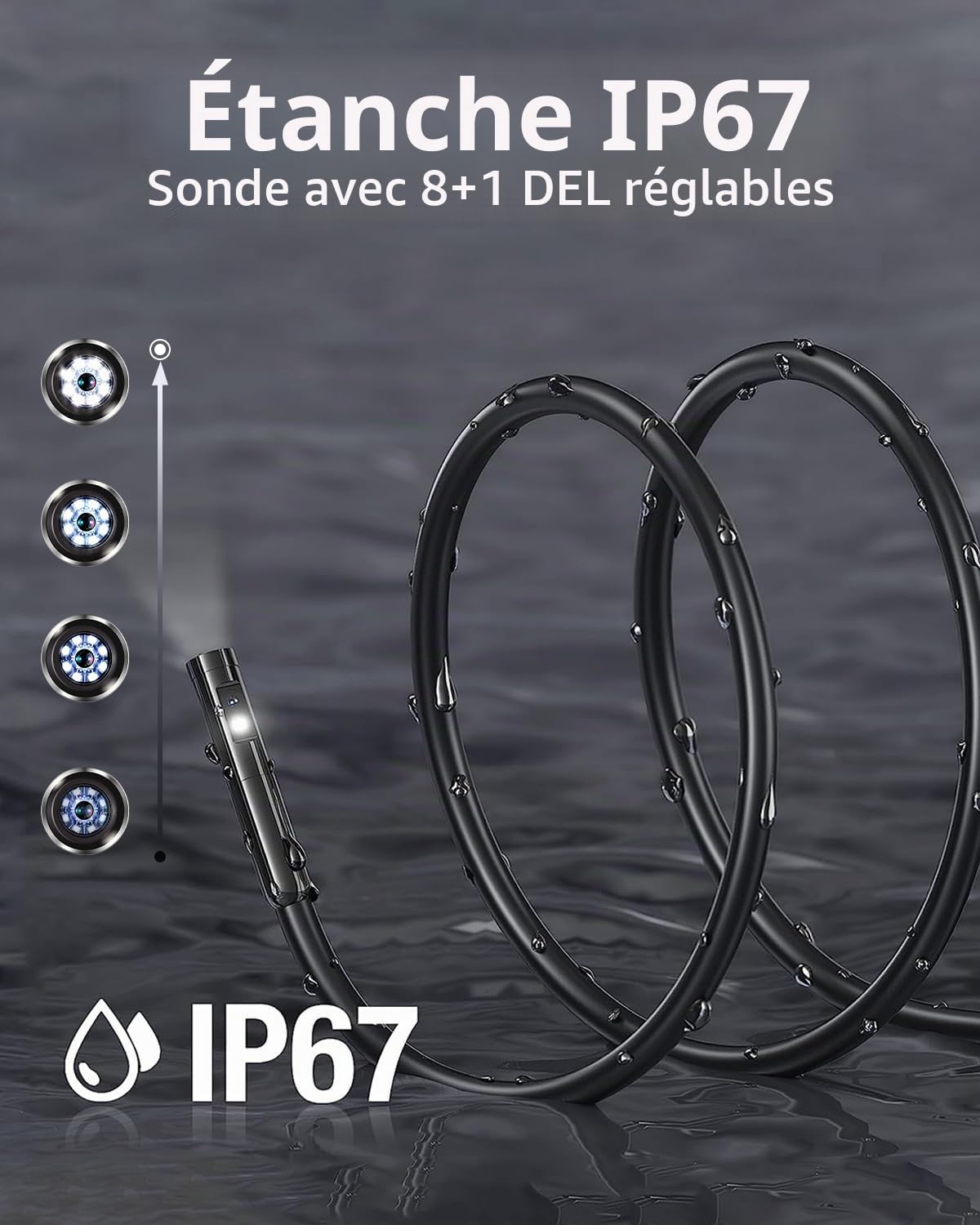 AOPICK Double Lentille Endoscope Caméra Endoscopique 5M - 1080P 3 en 1 USB Endoscope Caméra d'inspection, IP67 Étanche avec 8+1 Lumières LED Sonde de 7,9 mm pour Android, iPhone (No WiFi)