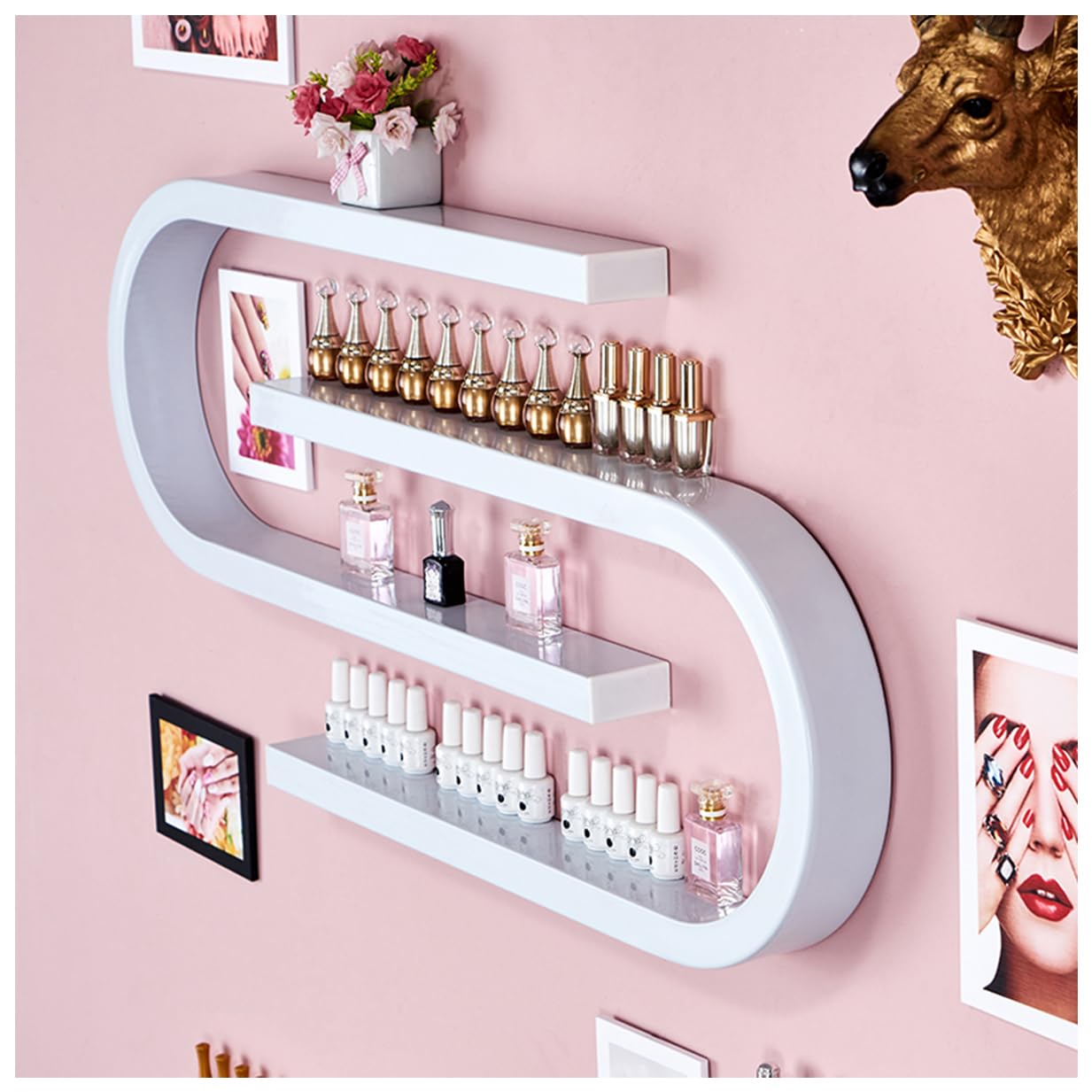 Set di 2 Porta Smalti da Parete, Mensola da Parete in Metallo A Forma di U per Profumi, Mensole per Esposizione di Oli Essenziali, per Salone di Bellezza E Casa,Bianca