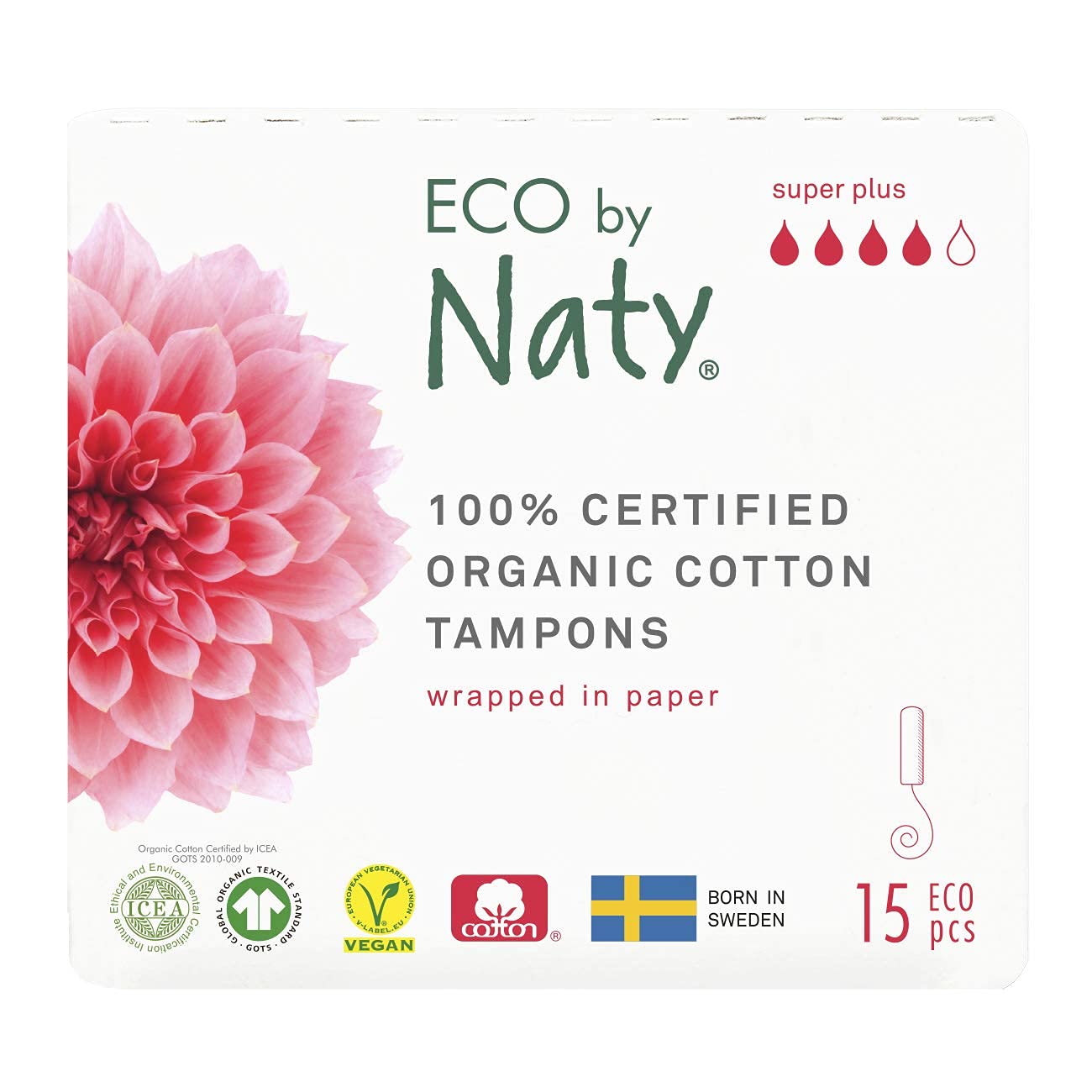 Eco by NatyTampons Super Plus 15 Tampons Vegetable Vegan 100% Organic Cotton 2x15 Tampons