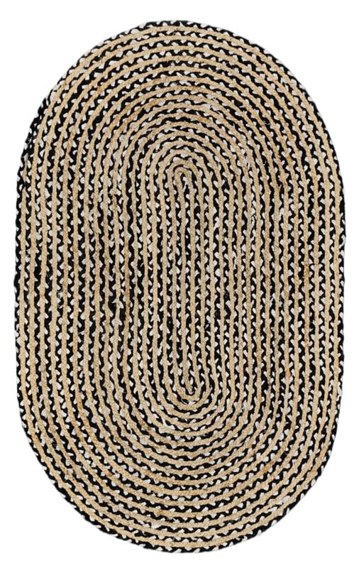 Tapis ovale en jute naturelle et coton noir blanc 1,2 x 1,8 m