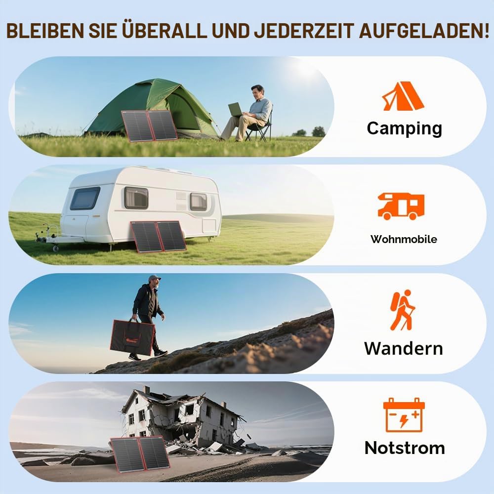 DOKIO 100W 18V Faltbar Solarmodule Monokristalline mit Solarregler(Lcd-Anzeige + 2 Usb-Ausgang) FüR 12v Batterie, AGM, Gelbatterie, SäUrebatterie, Generatoren | mit Solarregler (LCD-Anzeige + 2 USB-Ausgang) Für 12V Batterie, AGM, Gelbatterie, SäUrebatteri