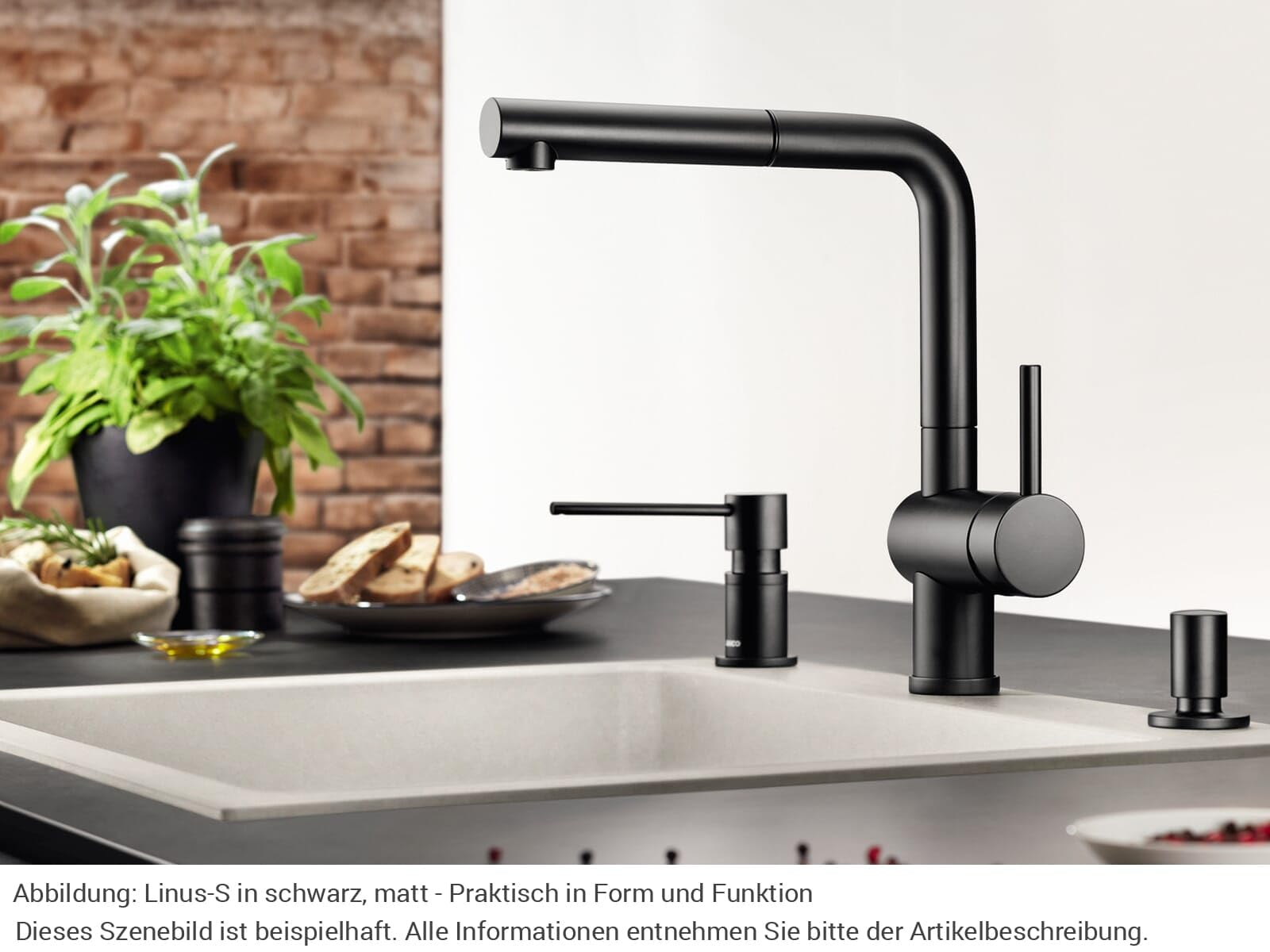 BLANCO LINUS-S | Küchenarmatur in schwarz matt | Hochdruck | Mit herausziehbarem Schlauch | Rückflussverhinderer | Keramik Kartusche | Gesicherte Wasserqualität & wassersparend | [11x26,6x28,7 cm]
