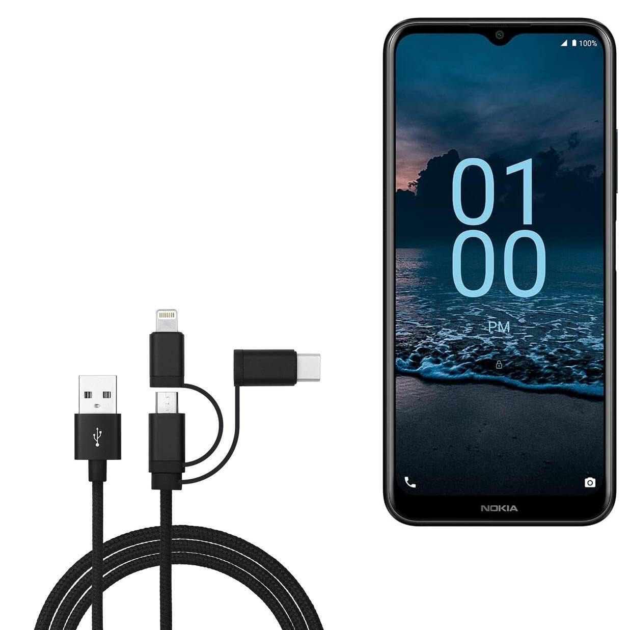 BoxWave Cable Compatible with Nokia G100 - AllCharge 3-in-1 Cable - Jet Black
