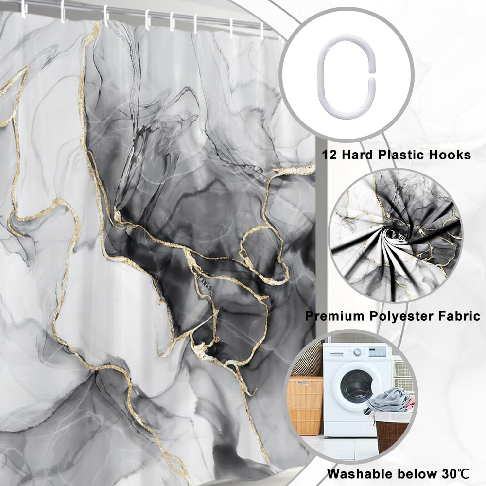 Tenda Doccia Antimuffa, Tenda da Doccia 180x200cm Grigio Effetto Marmo Nero Astratta Moderna Tende da Bagno Impermeabile Tessuto Lavabile Poliestere Tende per Vasca da Bagno con 12 Anelli