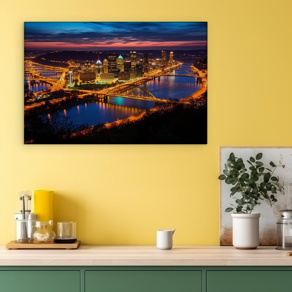 Canvas for Living room. Pittsburgh After Dark: A Tapestry of Light and Reflection, 27 x 18 inch Canvas Wall Art - Contemporary Masterpieces - Modern Home Decor