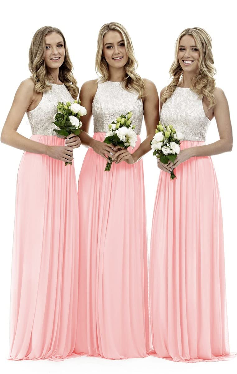 Lecureler Women's Baby Pink Long Lace Prom Bridesmaid Dress Size 14