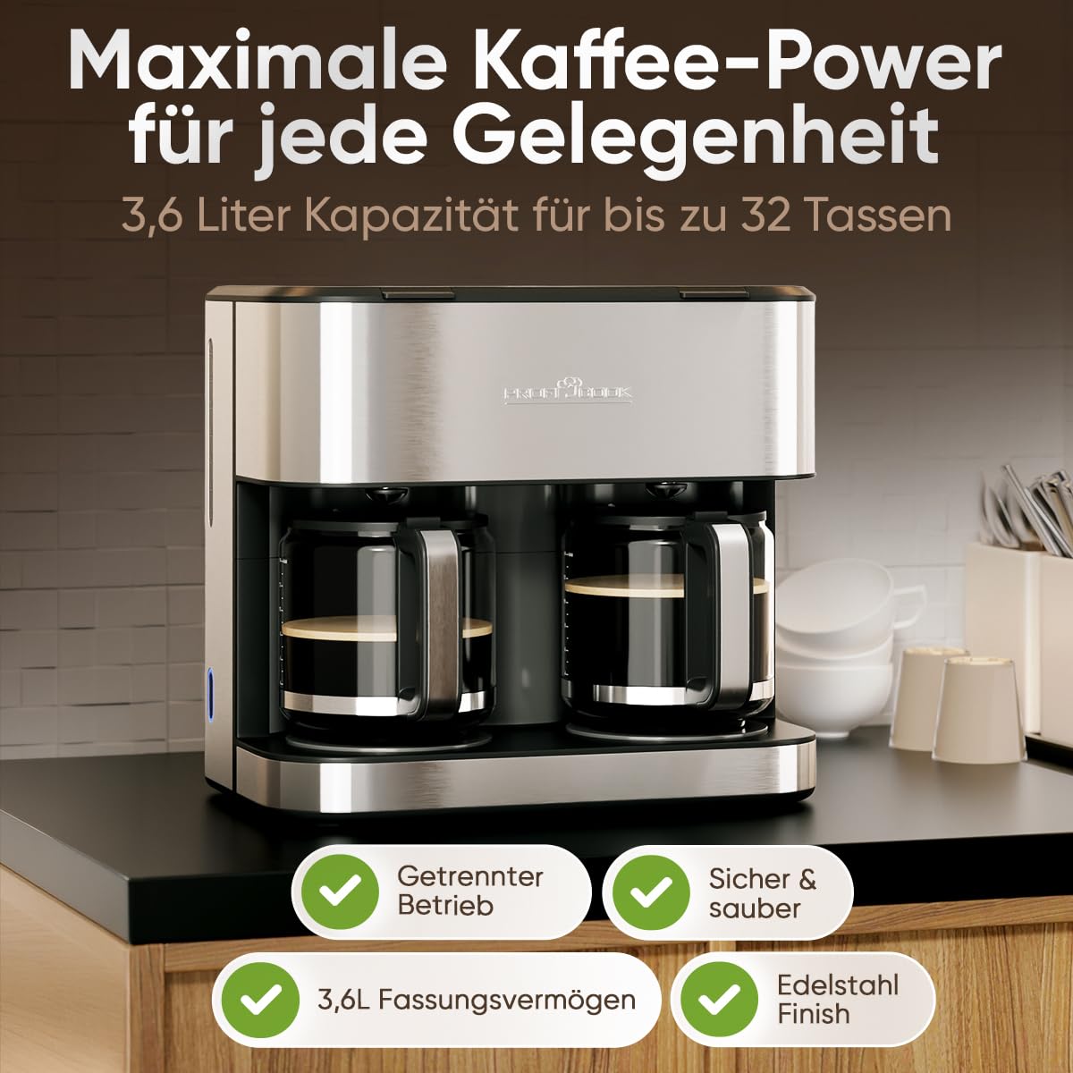 ProfiCook® Macchina da caffè doppia | 3,6 l | fino a 32 tazze | 2 sistemi di erogazione separati | alloggiamento in acciaio inox | antigoccia | macchina da caffè filtro | 2000 W | Coffee Machine |