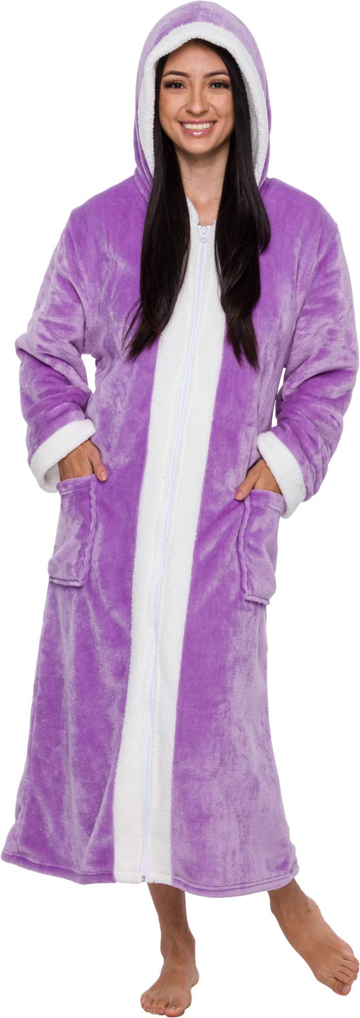 Silver Lilly Womens Fleece Robe Sherpa Lined with Hood ZipUp Luxury