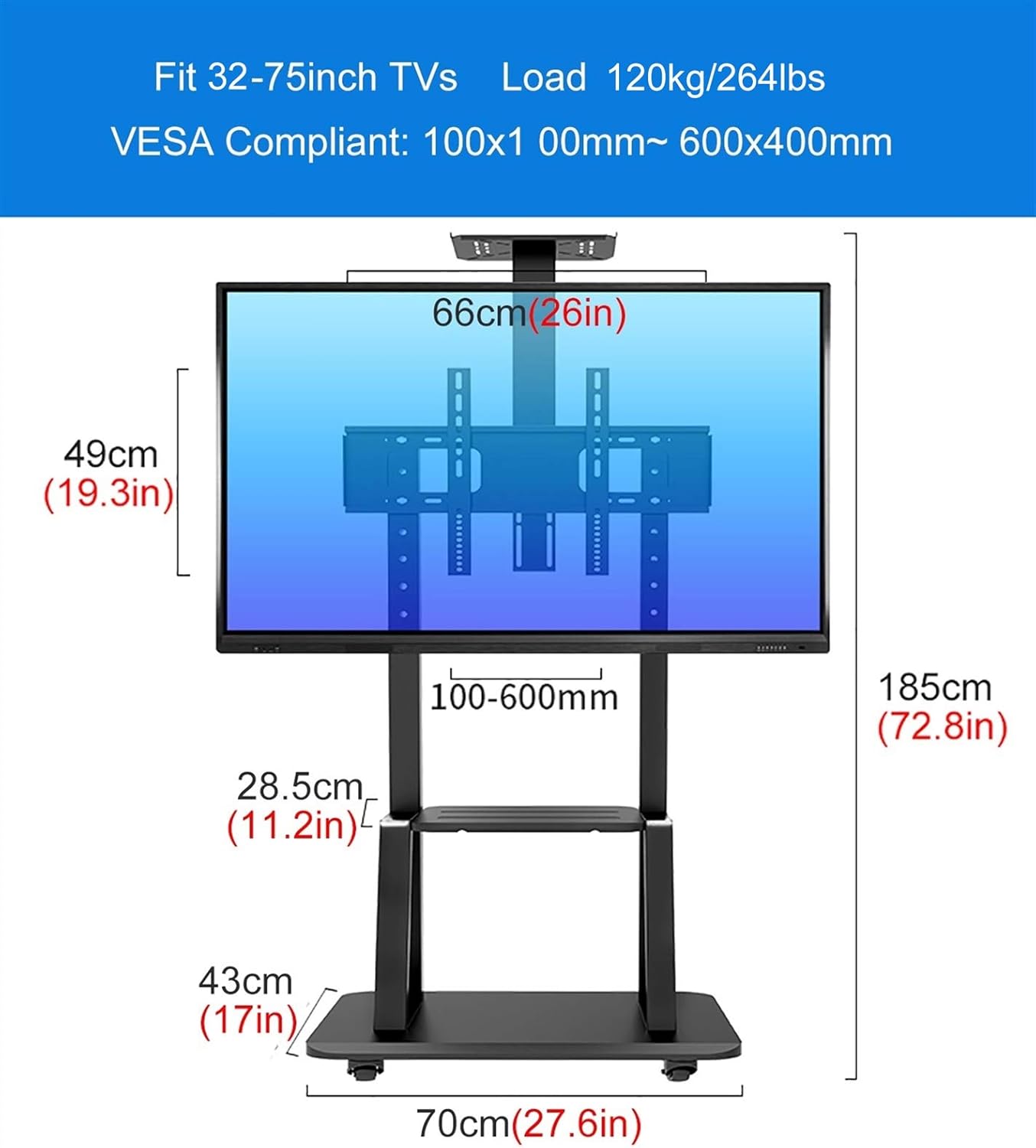 Black Mobile TV Floor Stand/Cart, Fits 32 40 42 55 65 75 Inch Tv, Universal TV Display Stand with Wheels & AV Camera Shelf, Load 120kg