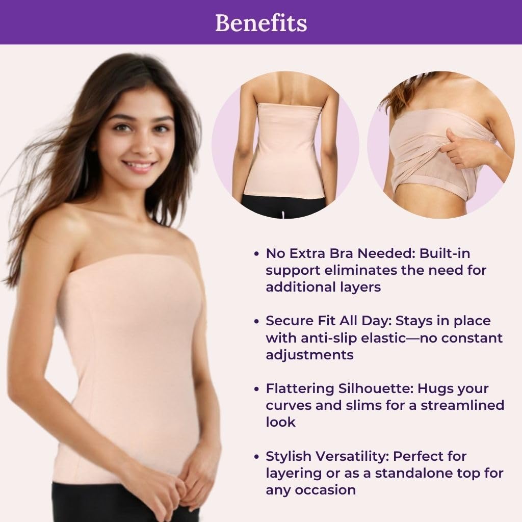 ADIRA | Tube Top | Off-Shoulder Style | Built-in Bra | Secure Anti-Slip Elastic | Comfortable Support | Breathable Cotton Stretch | Modest Full Coverage | Pack of 1 | Skin | S 3