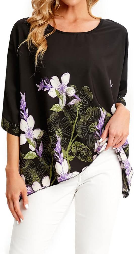 Rokou Women Chiffon Blouse Floral Batwing Sleeve Beach Cover Loose Tunic Shirt Tops