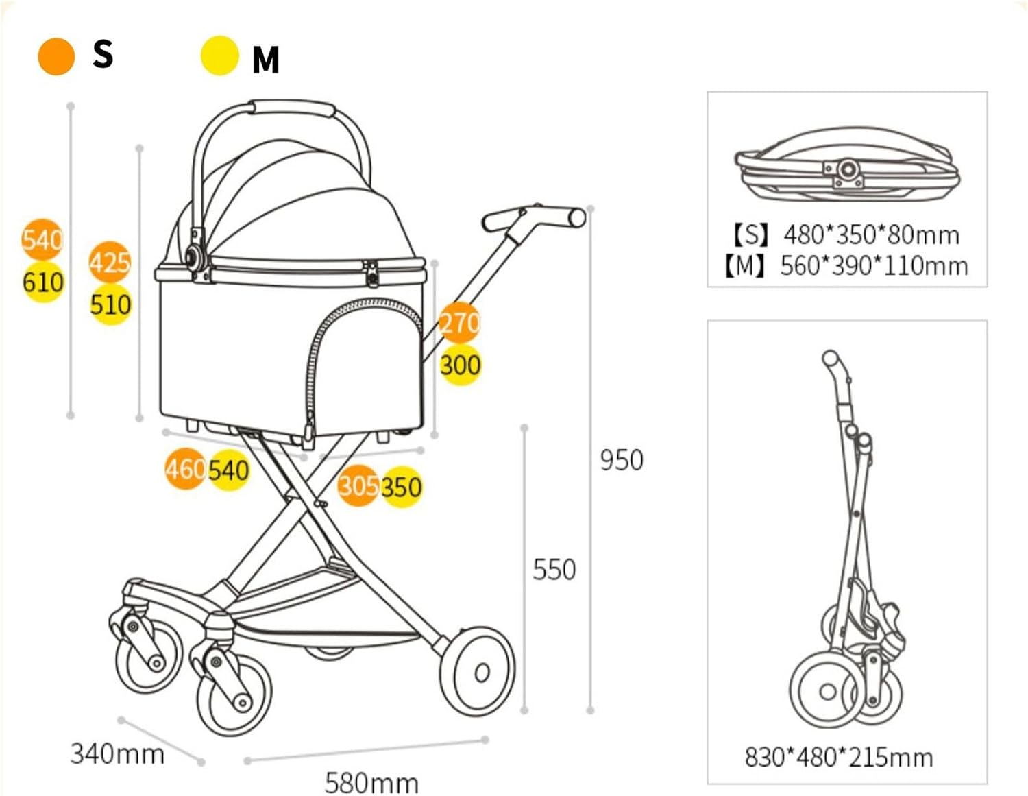 4 Wheels Foldable Cat Dog Stroller Lightweight Pet Strolling Cart for Small and Medium Cats Dogs Basket Can Be Used Alone Holds Pets Up to 8 Kg / 17.6 Lbs 12 Kg / 26.5 Lbs(Black S(Small))