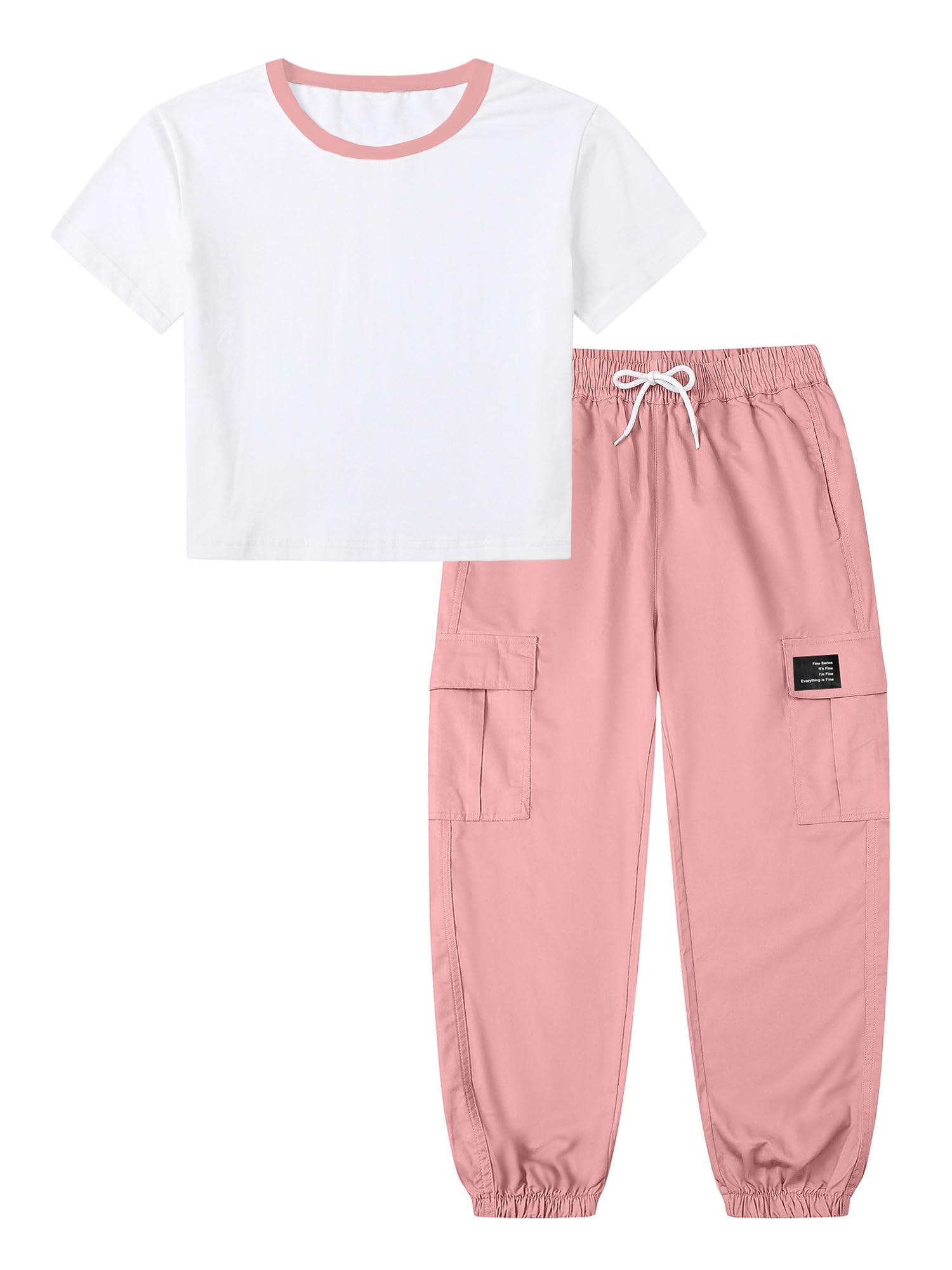 Betusline Girls 2 Piece Summer Outfits,Kids Casual Short Sleeve Crop Top &amp; Cargo Jogger Pants Sets,4T-14Y