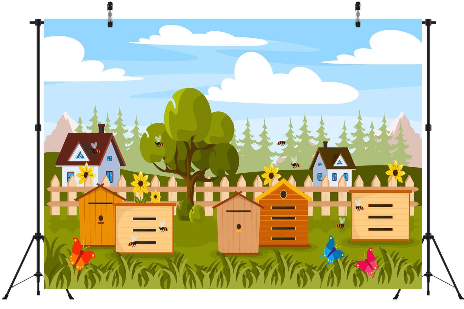 BELECO 3.6x2.5m Telo sfondo apiario campestre | Api cartoon alveari girasoli farfalle prato fattoria sfondo tema api miele compleanno bimbi accessori foto