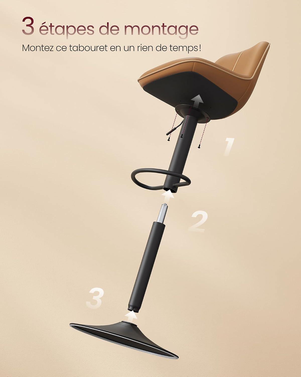 Diagram showing three steps for assembling the bar stool: 1. Attach the seat to the gas lift mechanism. 2. Insert the gas lift into the footrest ring. 3. Place the assembled unit onto the base.