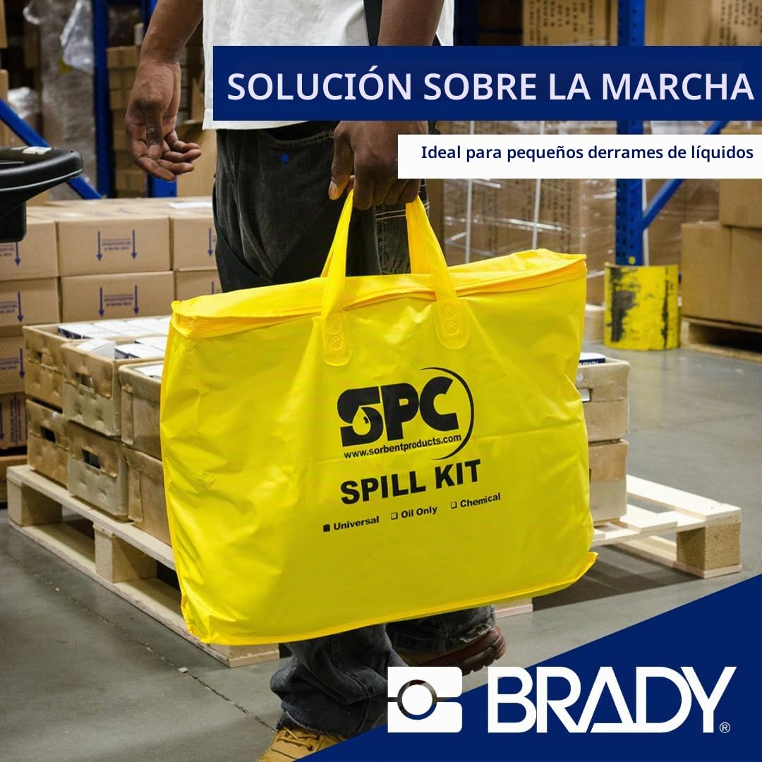 SPC® by Brady Kit Anticontaminación Universal – Kit Portátil para Derrames de Aceites, Agua, Solventes y Refrigerantes, Incluye 10 Almohadillas Absorbentes, 2 Calcetines, Guantes y Bolsa para Desechos
