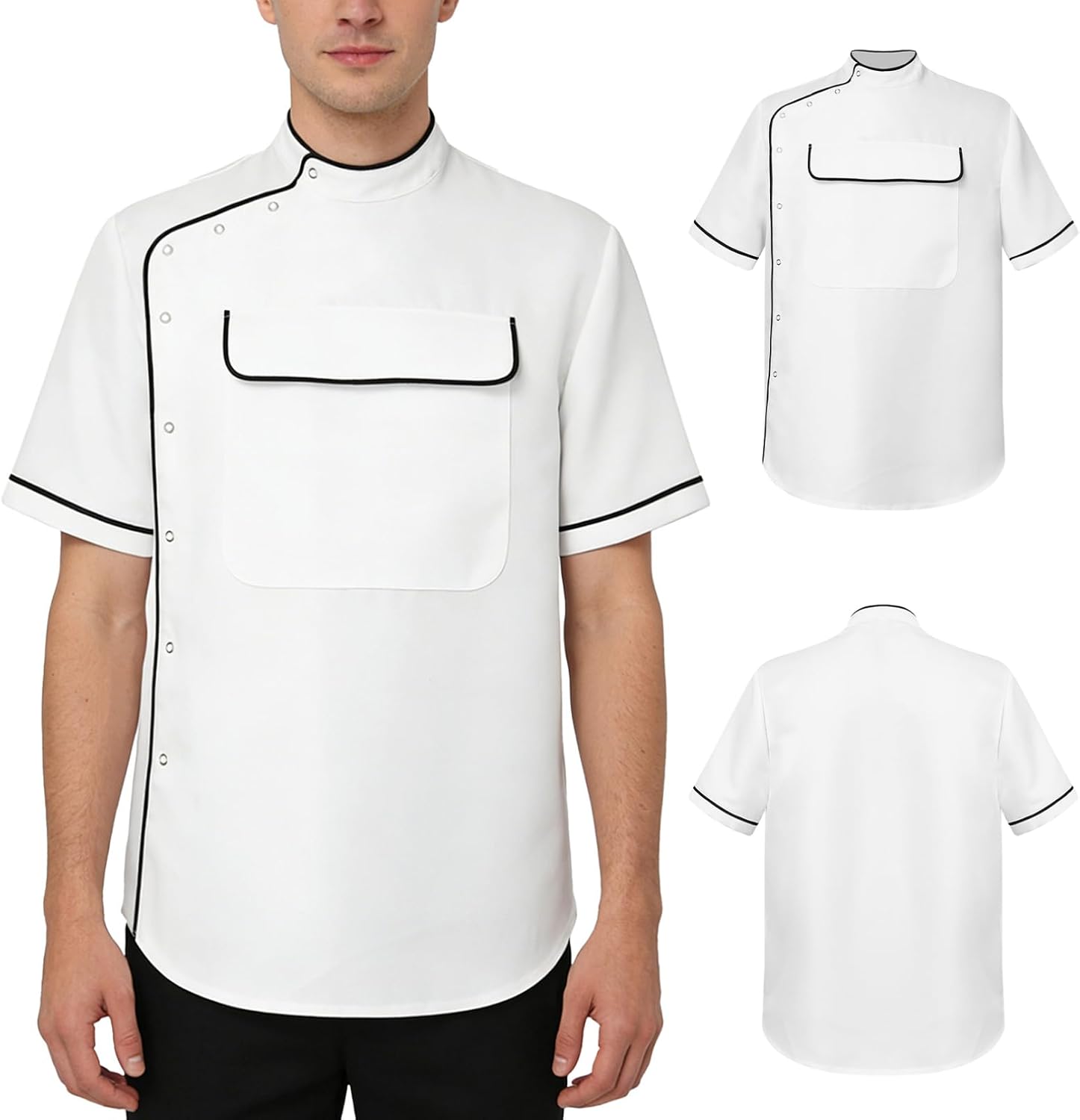 Agoky Men Hair Stylist Uniform Barber Jacket Short Sleeve with Pocket Band Collar Lightweight Gardener Workwear