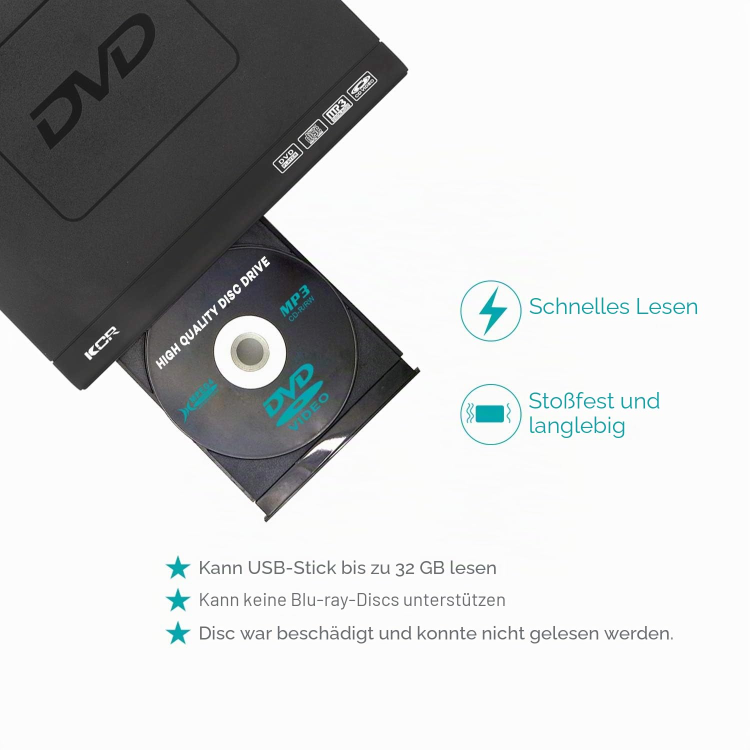 KCR DVD-Player für TV, DVD/CD / MP3 mit USB-Anschluss, HDMI- und AV-Ausgang (HDMI- und AV-Kabel enthalten), Fernbedienung