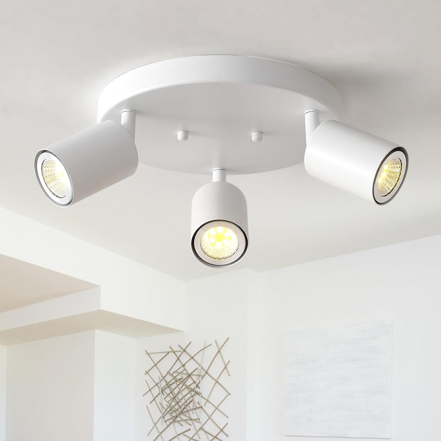 EGM Adjustable 3-Light Ceiling Spotlight, White Round Track Lighting Fixtures, GU10 Flush Mount Directional Ceiling Light for Kitchen, Bedroom, Office, Picture Wall (White 3-Light)