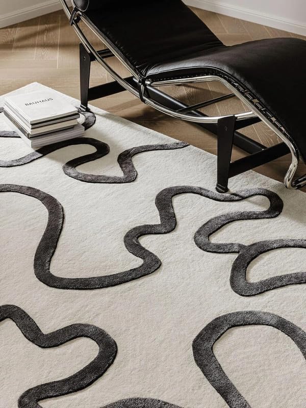 Modern Abstract Line Art Area Rug 9x12 ft | Hand Tufted Minimalist Grey & Ivory Contemporary Carpet