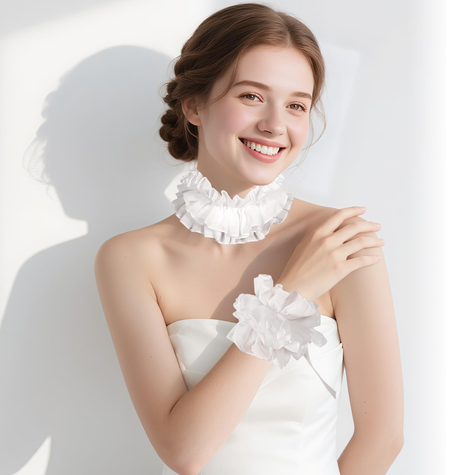XEPST White Collar and Cuffs Set Vintage Lace Ruffled Collars Gloves Clown Lolita Costume Accessories Neck Ruffle Collar - Image 2