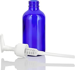 JUVITUS 4 oz Cobalt Blue Glass Boston Round Bottle with White Lotion Pump (4 Pack) + Funnel I Refillable Empty Storage Containers