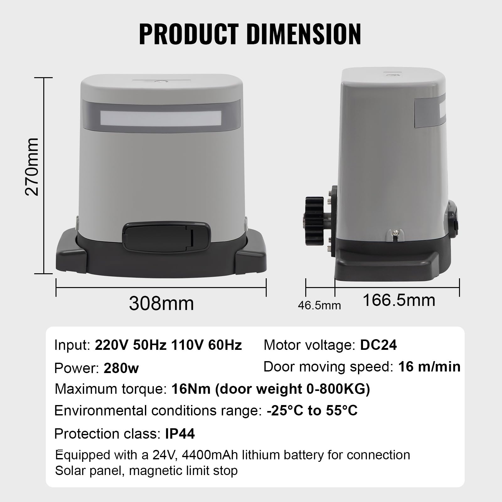 Motor Abrepuertas Automático para Puerta Corredera 800 kg Par 16 Nm Kit Completo con 2 Mandos a Distancia para Garaje Residencial 24V, Energía Solar