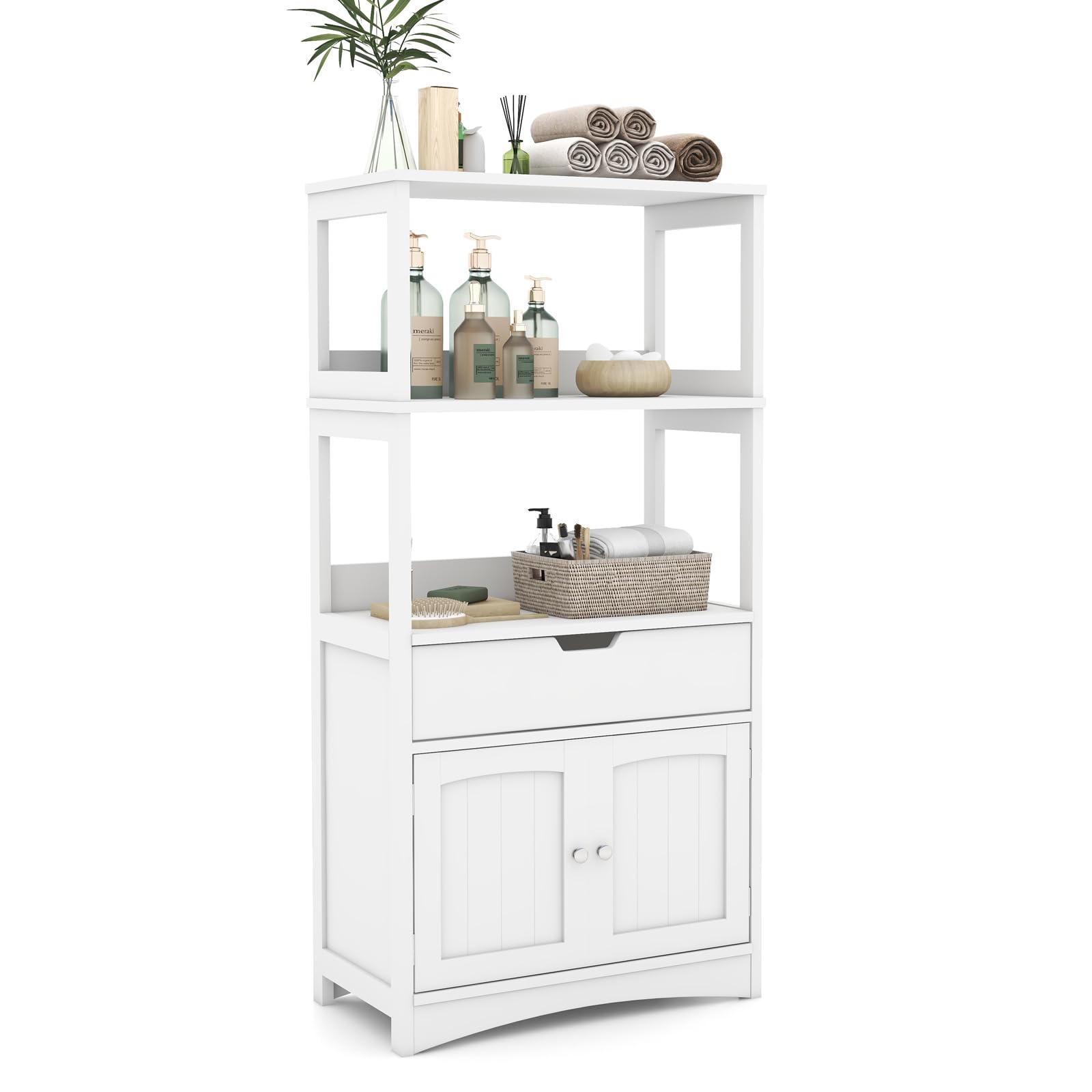 KOMFOTTEU Mobile portaoggetti con ripiano a 3 livelli, armadio alto in legno, dispositivo antiribaltamento, cassetto e armadio a 2 ante, moderno, 60 x 32,5 x 122 cm (bianco)