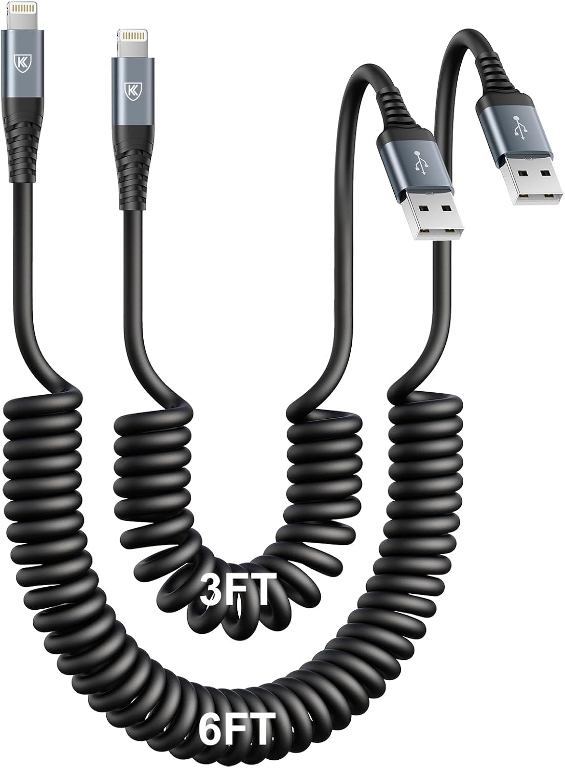 iPhone Charger Cable for Car [3FT+6FT], Coiled Lightning Cable [Apple MFi Certified] 2 Pack Lightning Cord Compatible with iPhone14 13/12/11 Pro Max/XS MAX/XR/XS/X/8/7/Plus/6S iPad/iPod-Black 3FT+6FT USB A to Lightning Black