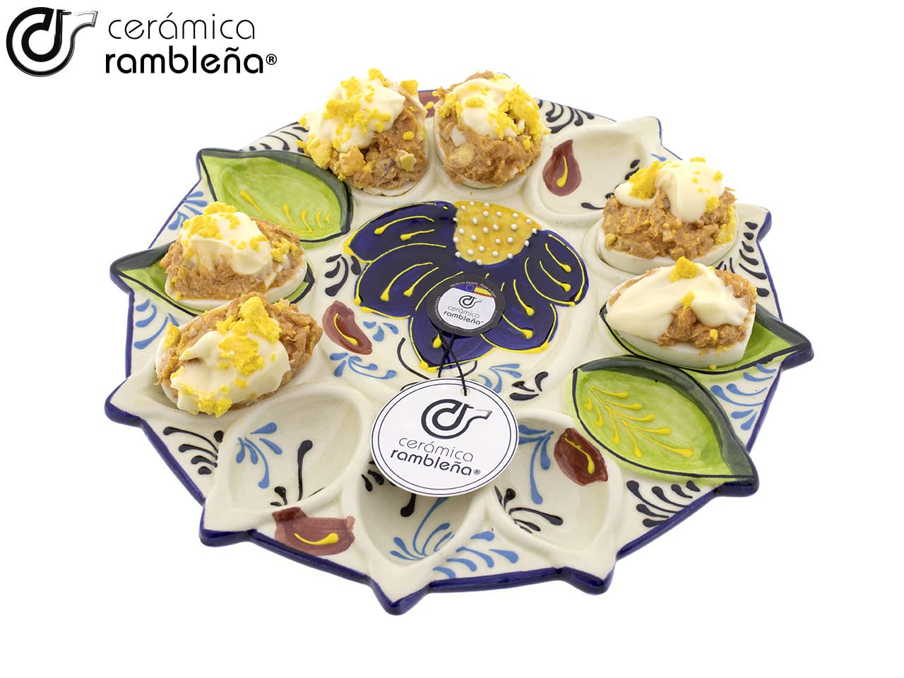 CÉRAMIQUE RAMBLAIGNE | Coquetier | Plat à œufs farcis | Plateau en céramique | Œufs farcis | Coquetier amazon | Plat à œufs modèle - M06 | Décoration 100 % faite main | 26 x 26 x 2,5 cm