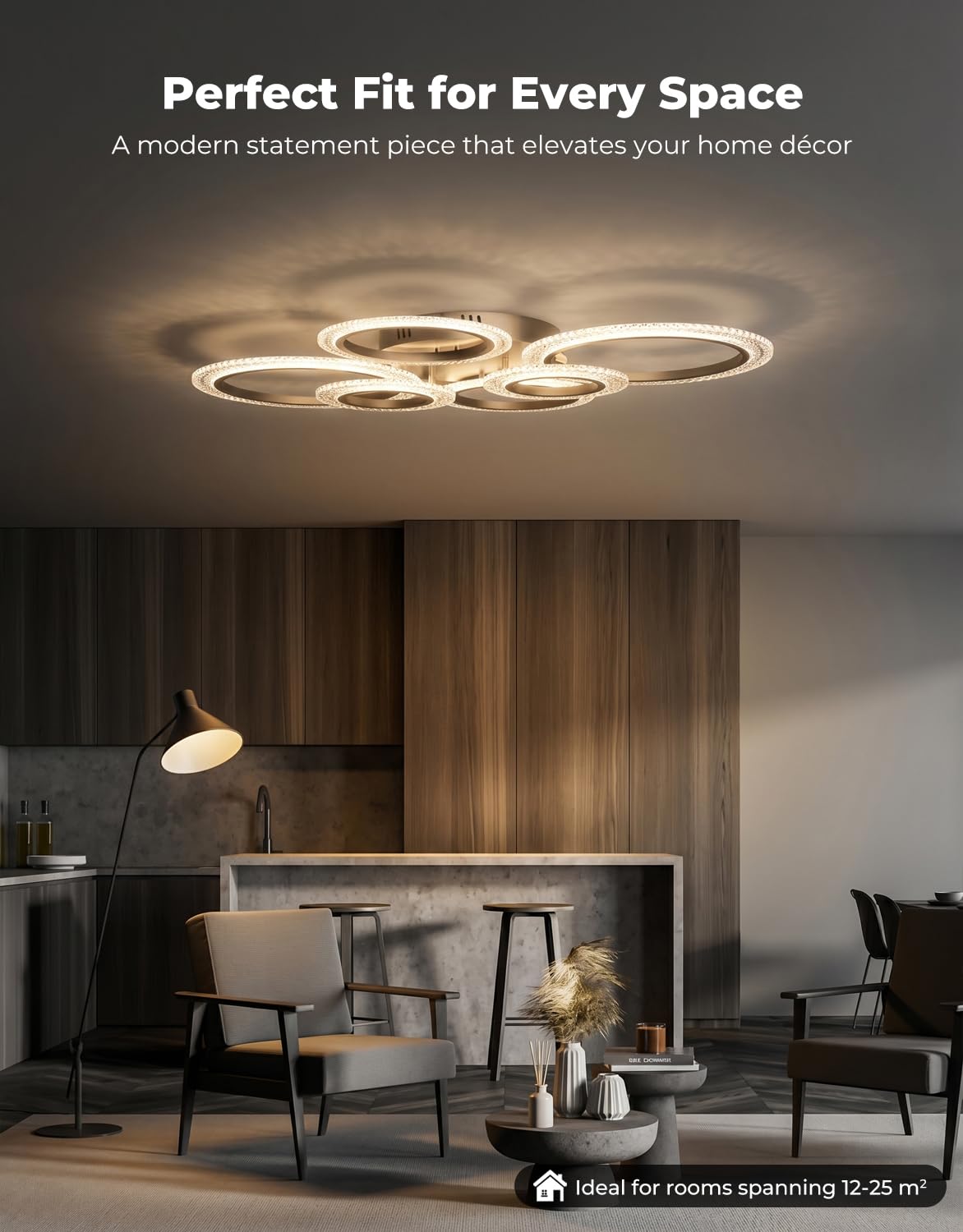 Lampadario Soggiorno Smart a 6 Anelli, Plafoniera Soffitto LED Compatibile con Alexa e Google Home, Luce a Soffitto Dimmerabile App/Tuya (40W, 4000LM), Funzione Memoria e Timer, Nero