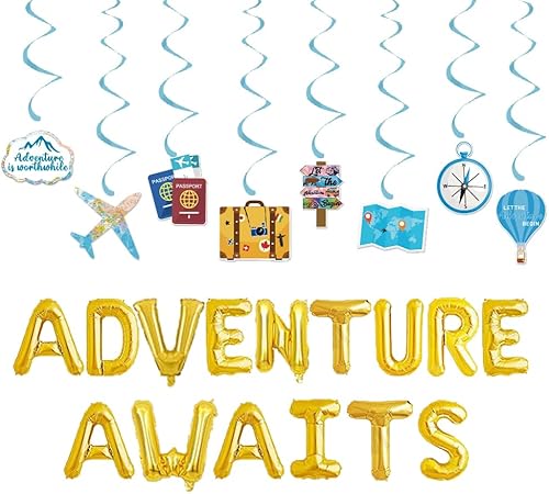 Globos de aventura espera, letrero de fiesta temática de viaje, divertido mudanza/jubilación/graduación/despedida de fiesta suministros de decoración