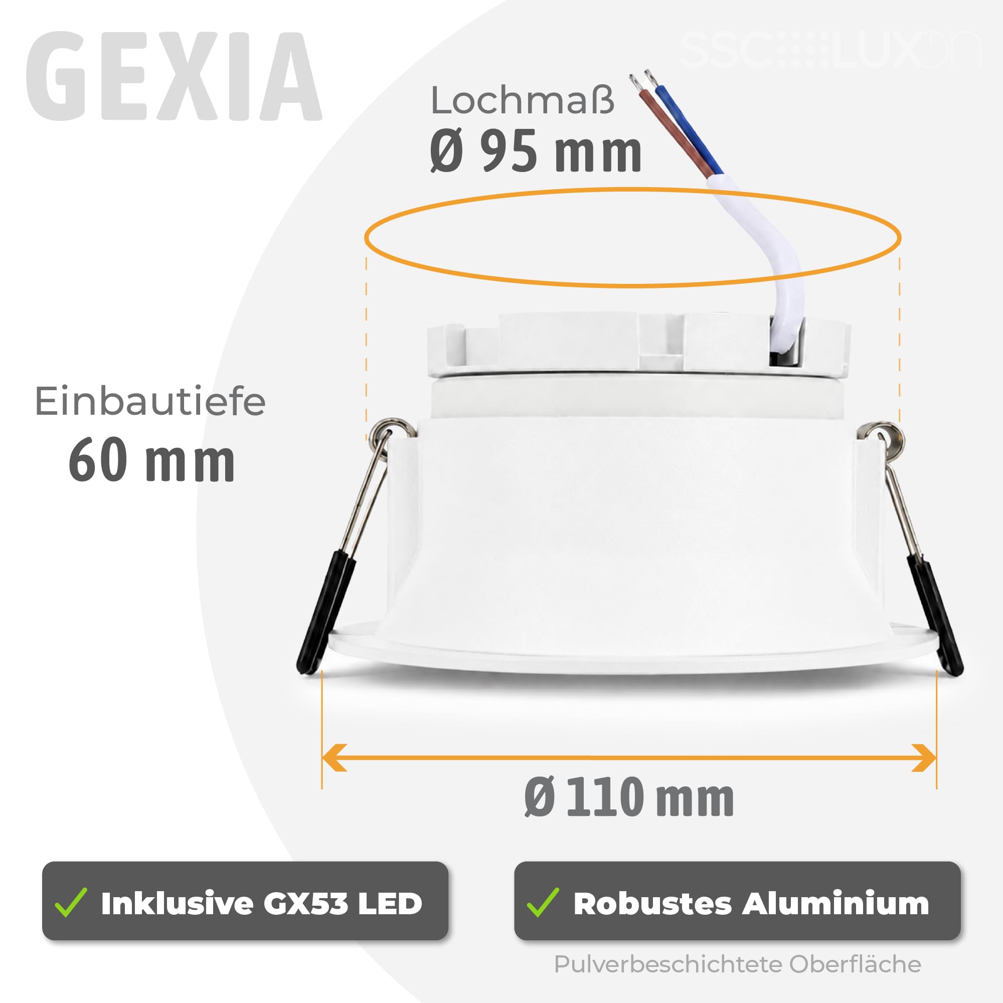 SSC-LUXon 6 Stück GEXIA Einbauspots weiß gold Ø 110mm inkl. LED Leuchtmittel 6W dimmbar 230V - Einbaustrahler mit drei Lichtfarben