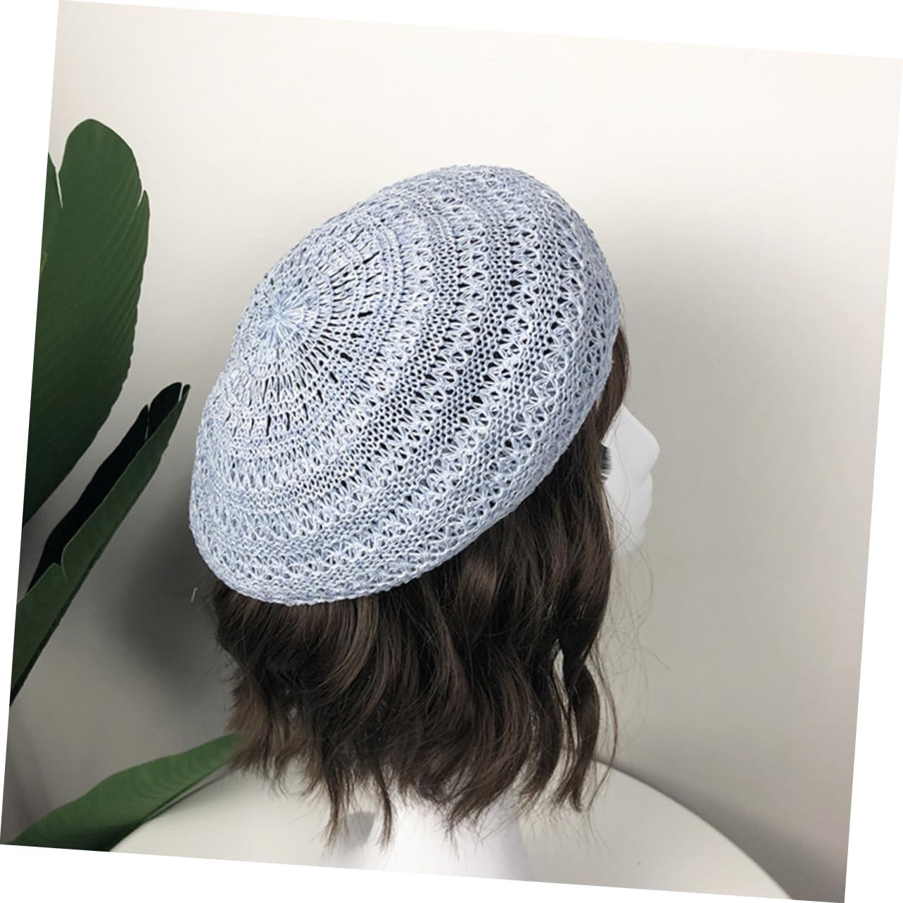 TENDYCOCO Summer Straw Beret Hat for Women - Vintage Hollow-Out Woven Travel Cap Light Blue Casual Outdoor Vacation Accessory