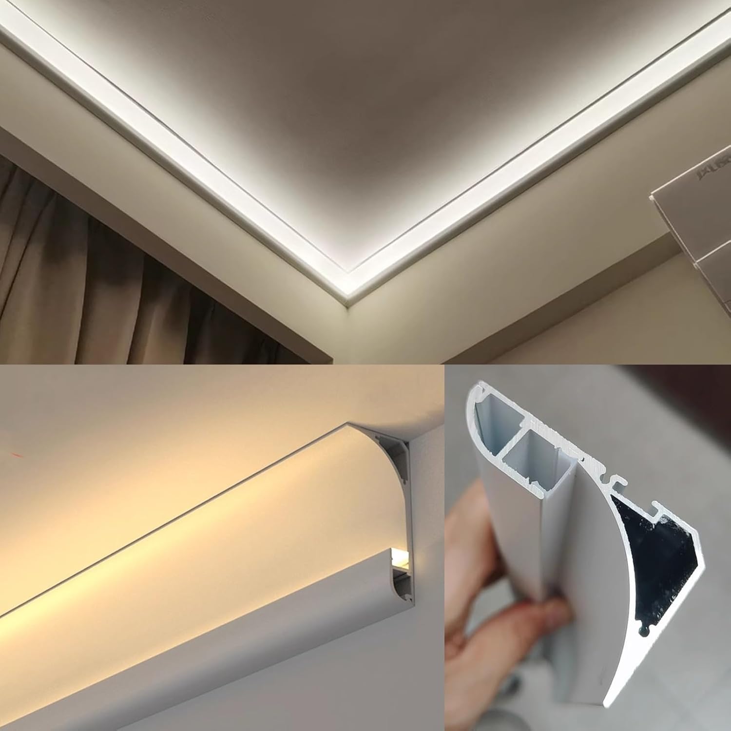 LED Aluminum Crown Moulding Trim, 2m/6.6ft Ceiling Light Strip Cover for Indirect Room Lighting, Easy Install Decorative Skirting Baseboard for Home & Office