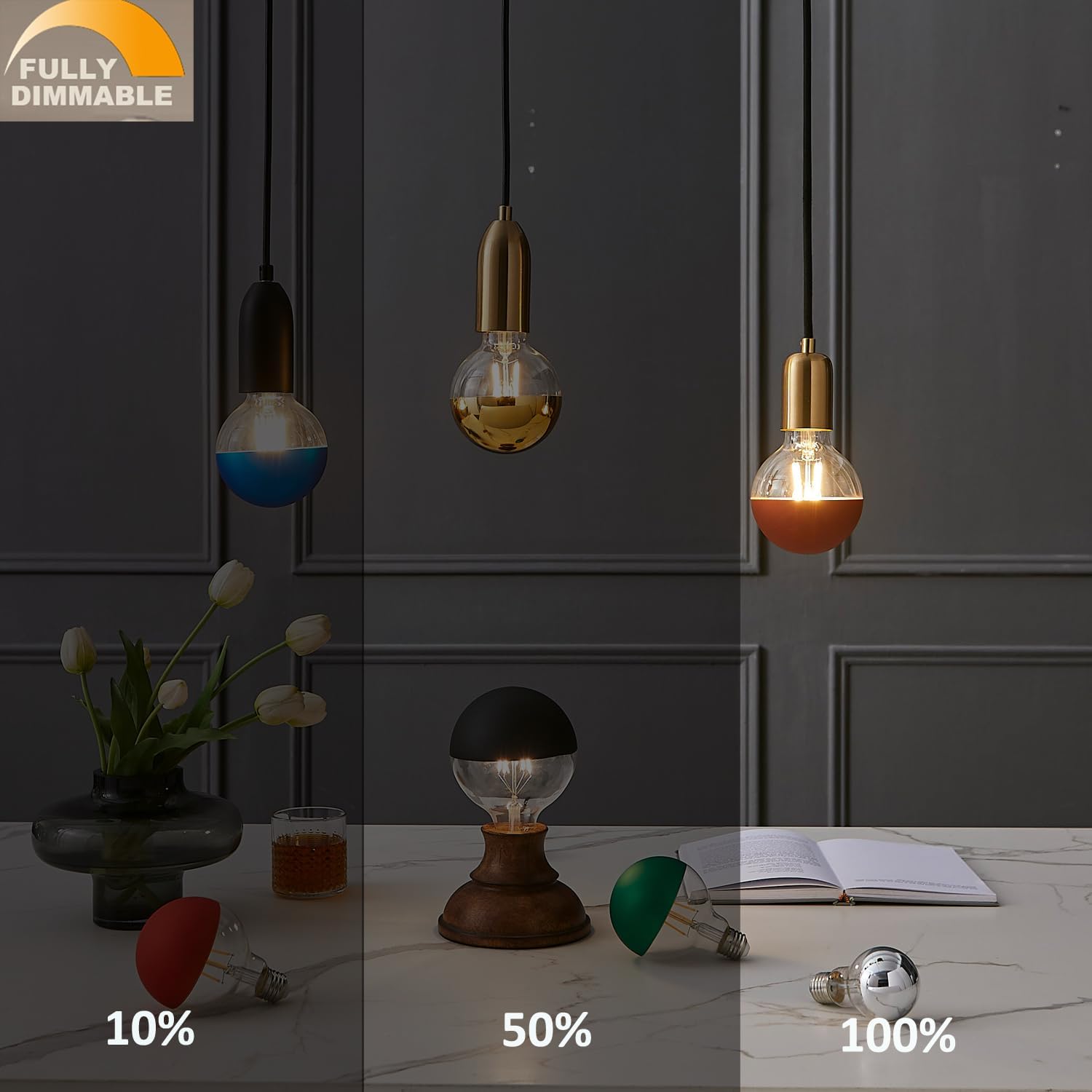 Large Half Chrome Light Bulb,Dimmable Anti-Glare 8W (80W Eq.) LED Edison Bulbs,G95 Globe Shape Decorative LED Decorative Bulb,Half Brown Dipped Reflected Soft White E26 Base, Pack of 2