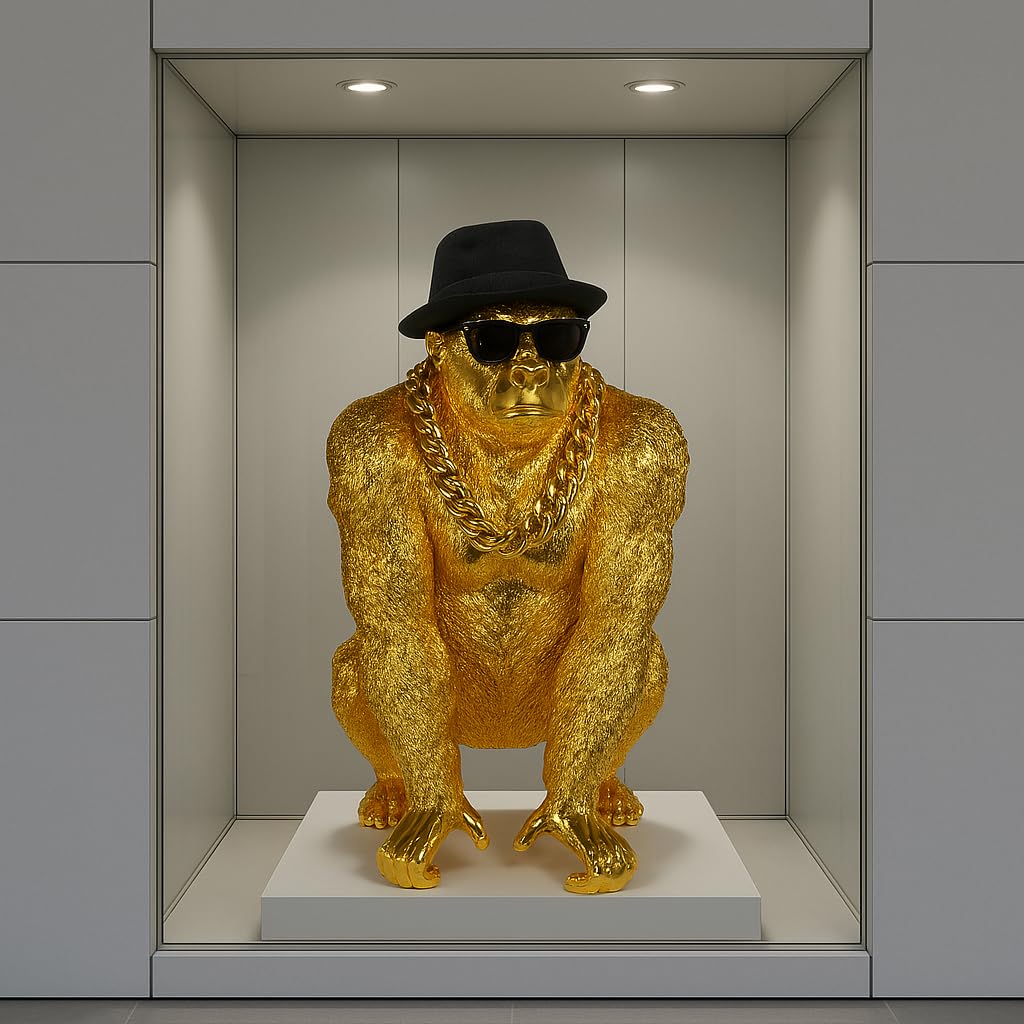 Bongo Gold – Statue Gorilla Gold Premium Dekofigur mit Brille & Kette Gold – Skulptur Design XXL – außergewöhnliche französische Kreation für Wohnzimmer Büro (Gold)