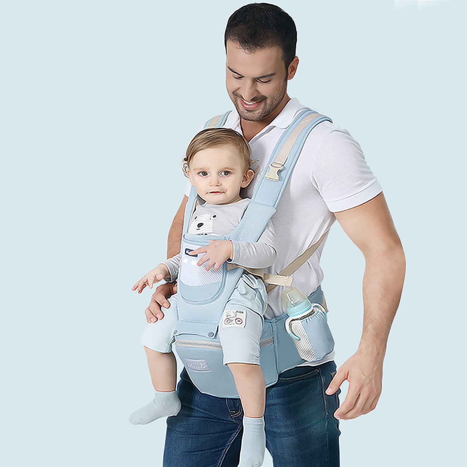 SONARIN Porte-bébé Respirant avec Siège à Hanche pour Nouveau-né et Enfant de 0 à 36 Mois,Pur Coton Maille 3D Porte Bébé Ergonomique,Taille Réglable Multifonctionnel,Jusqu'à 30 KG(Bleu)