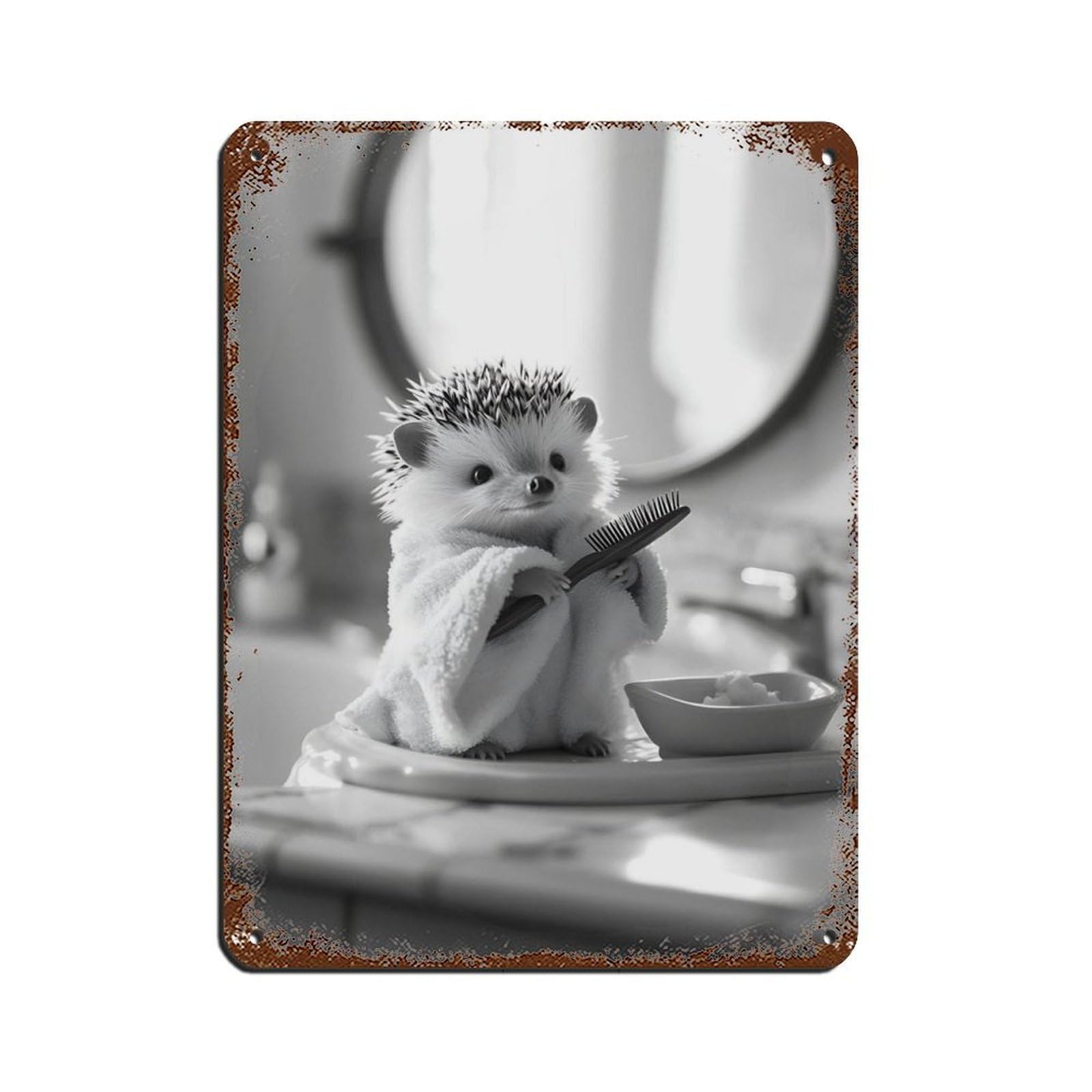 Cute Hedgehog Brushing Hair Retro Poster Metal Tin Sign Chic Art Retro Iron Painting Bar People Cave Cafe Family Garage Poster Wall Decoration 12x16inch(30x40cm)