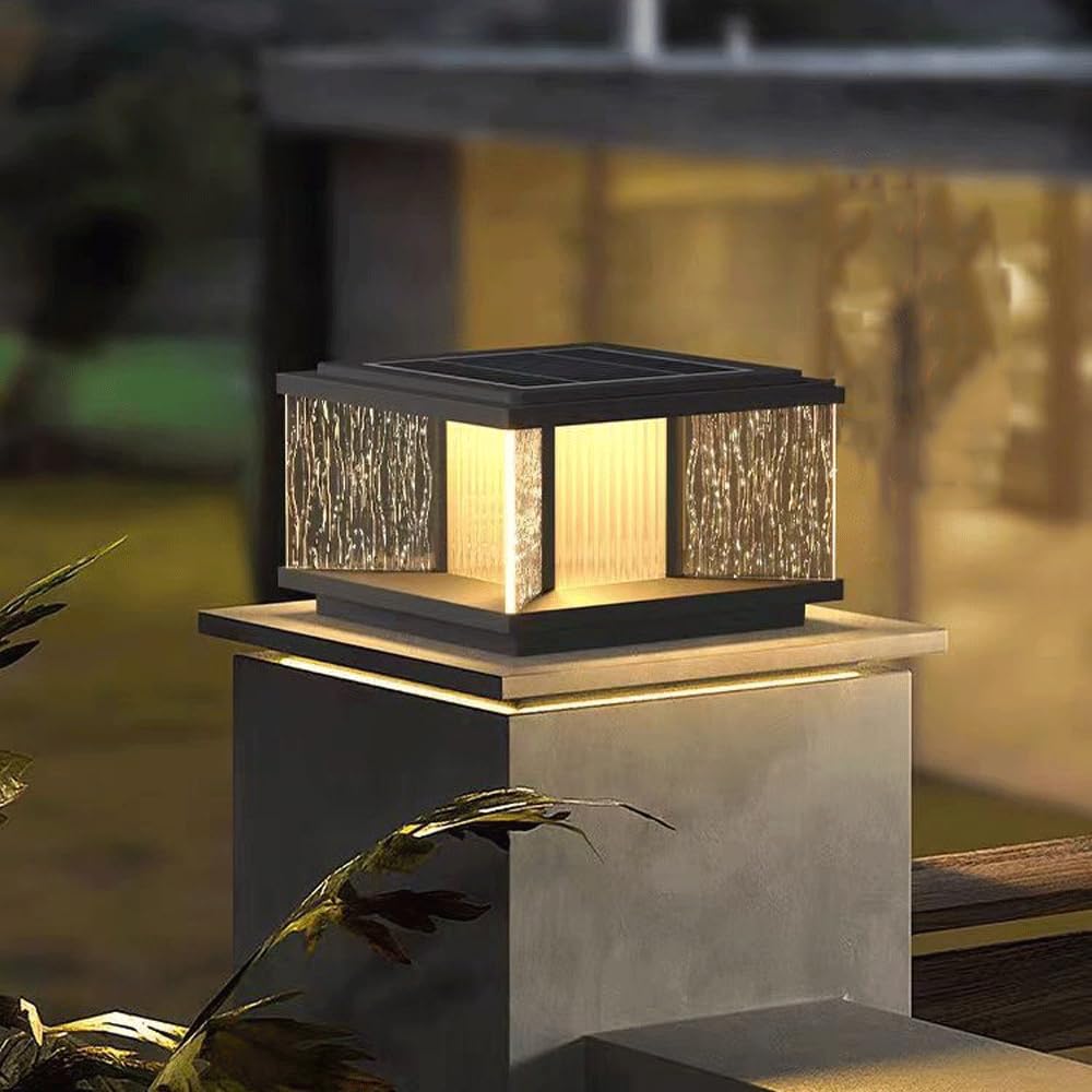HZWJIA Stainless Steel Pillar Lamp Modern Luxury LED Solar Pillar Cap Lamp IP65 Waterproof Pillar Head Lamp Black Outdoor Waterproof Solar Pillar Lamp For Garden Villa Patio Pillar Lamp Diameter 11.8i