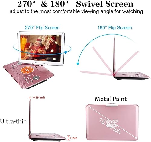 Miniatura 5 de YOOHOO Reproductor de DVD portátil de 16.9 pulgadas con mando a distancia, reproductor de DVD de pantalla grande giratorio HD de 14.1 pulgadas para