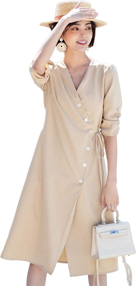 Amazon Co Jp レディース ワンピース 春 夏 ミモレ丈 カシュクールワンピース カシュクール パフスリーブ ギャザースリーブ ボタン Vネック Aライン フレア ドレッシー オケージョン ラグジュアリー スタイルアップ Saison De Papillon 服 ファッション小物