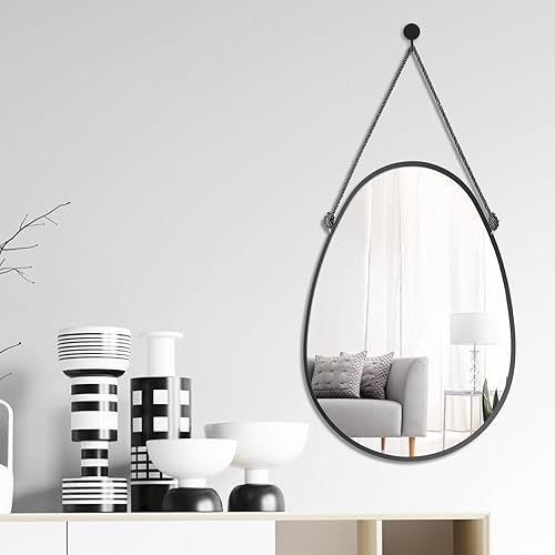 Miniatura 4 de LONGWIN Espejos colgantes de lágrima negros para decoración de pared, 13 x 18.3 pulgadas, espejo decorativo geométrico negro con cuerda, espejo