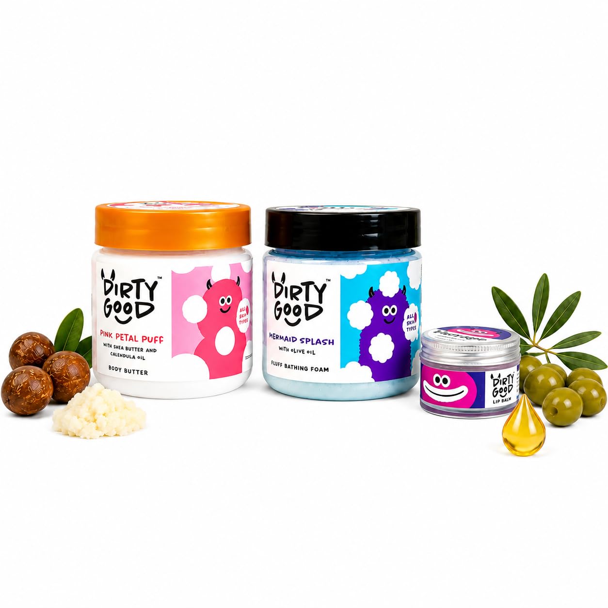 Dirty Good Kids Bath & Body Gift Set with Mermaid Splash, Pink Petal Puff Body Butter & Berry Lip Balm | Olive Oil, Shea Butter Vitamin E | Gentle Moisturizing Skin Care for Boys & Girls 3+ | 3 Piece Gift Pack-picture-11