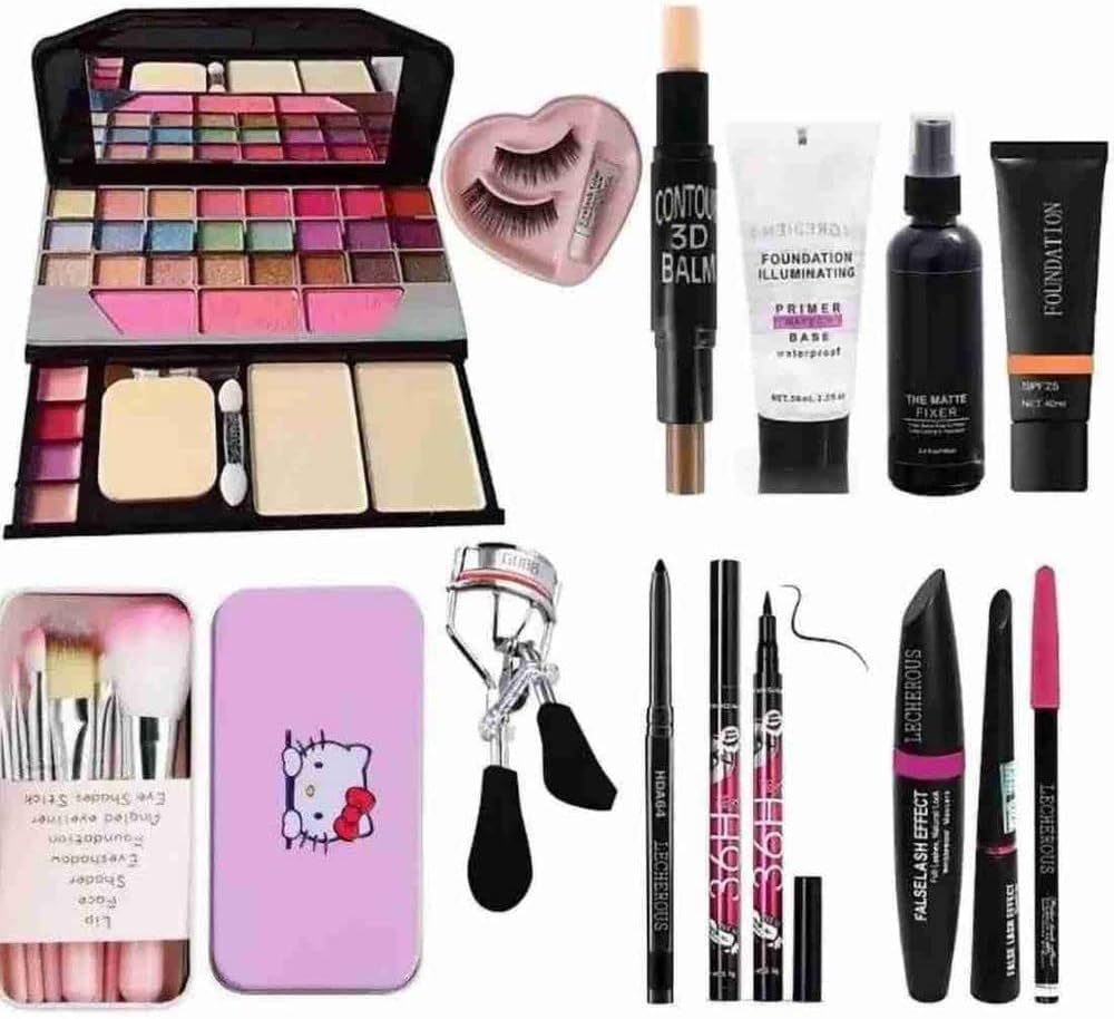 6155 Makeup Kit and 7 Pink Makeup Brushes Set, Contour Stick, Primer, Matte Fixer, Foundation, Kajal, 36H Eyeliner, 3in1 Eye Combo, Eyelashes, Curler - (Pack of 11), Multicolour