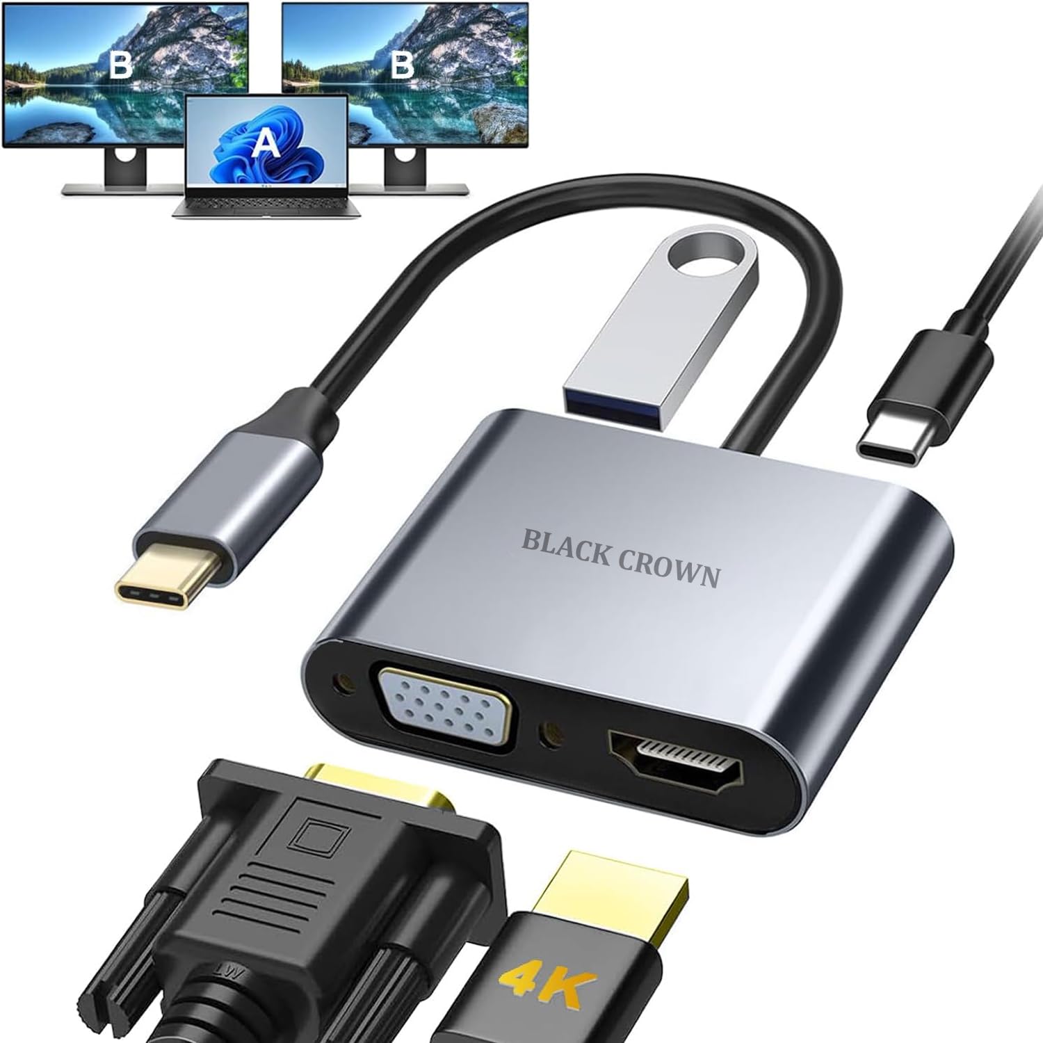 BLACK CROWN Type C 4 in 1 Adapter USB C to HDMI/VGA/USB3.0/PD Adapter, USB 3.1 Type C Hub to 4K HDMI+VGA 1080P+USB3.0+USB C Power Delivery Port Multiport Converter for Type C Laptop etc.(Space Grey)-image-47