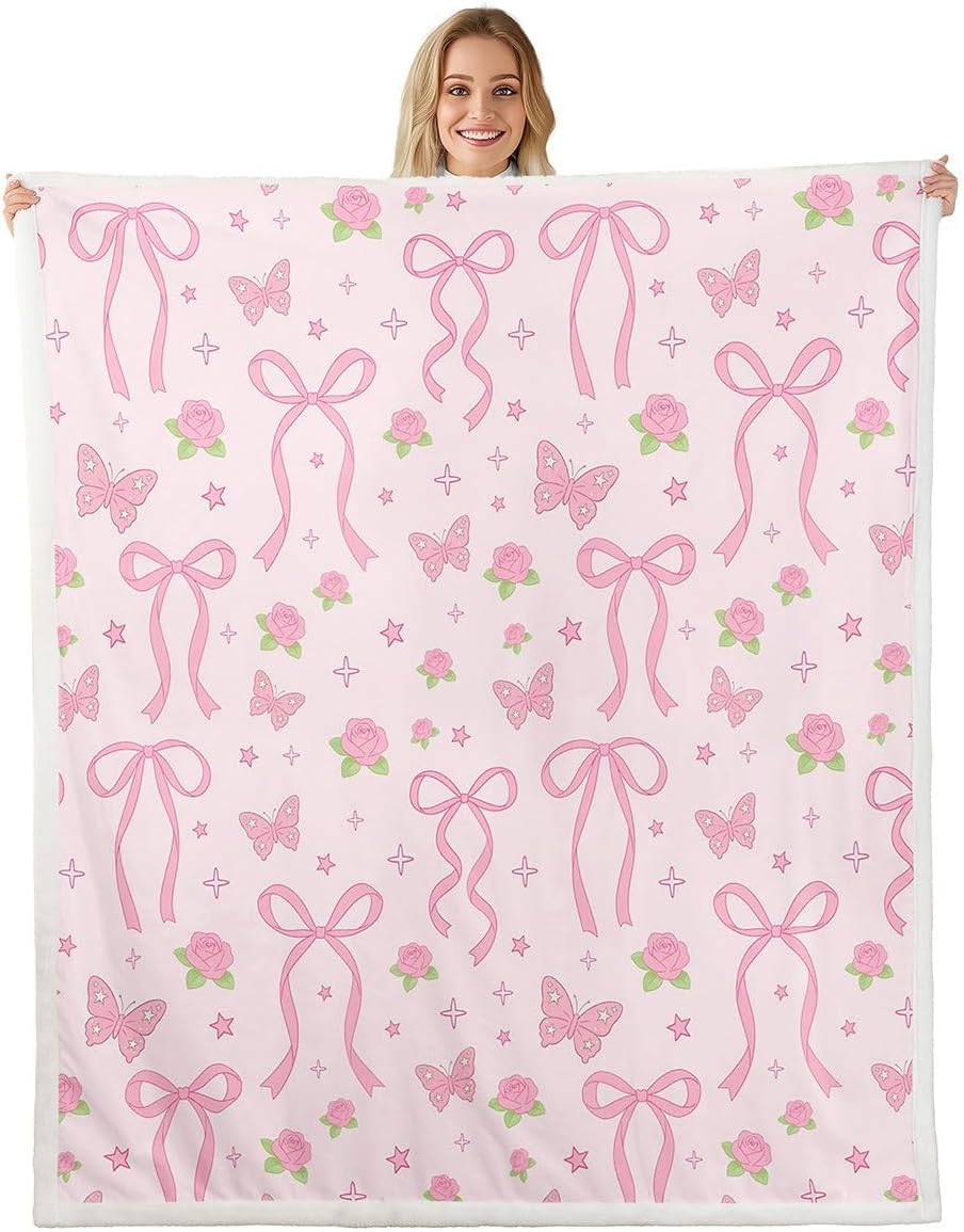 Coquette Bow for Bed Couch Chair Living Room Baby 30"x40" Bowknot Fleece Throw Blanket for Kids Boys Girls Decor Bow Floral Sherpa Blanket Plush Fuzzy Microfiber Butterfly Pale Pink Bedroom Decor
